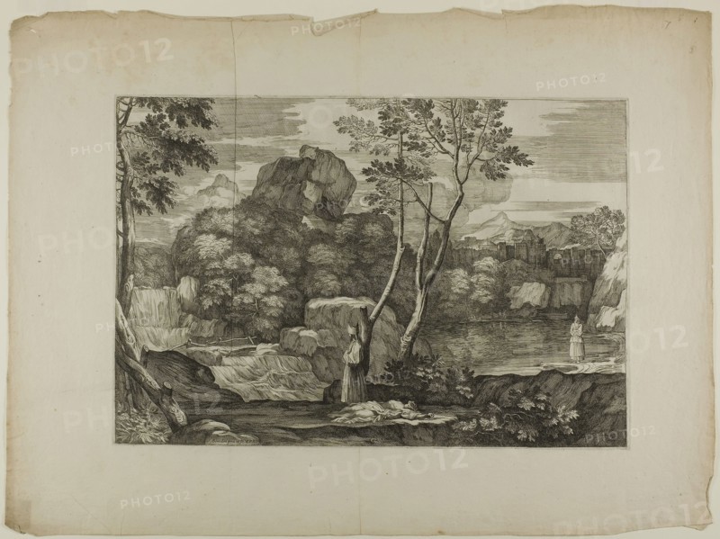 Landscape with a Dead Man and Two Priests, 1668–71, Sébastien Bourdon, French, 1616-1671, France, Etching on ivory laid paper, 296 × 435 mm (plate), 440 × 593 mm (sheet)