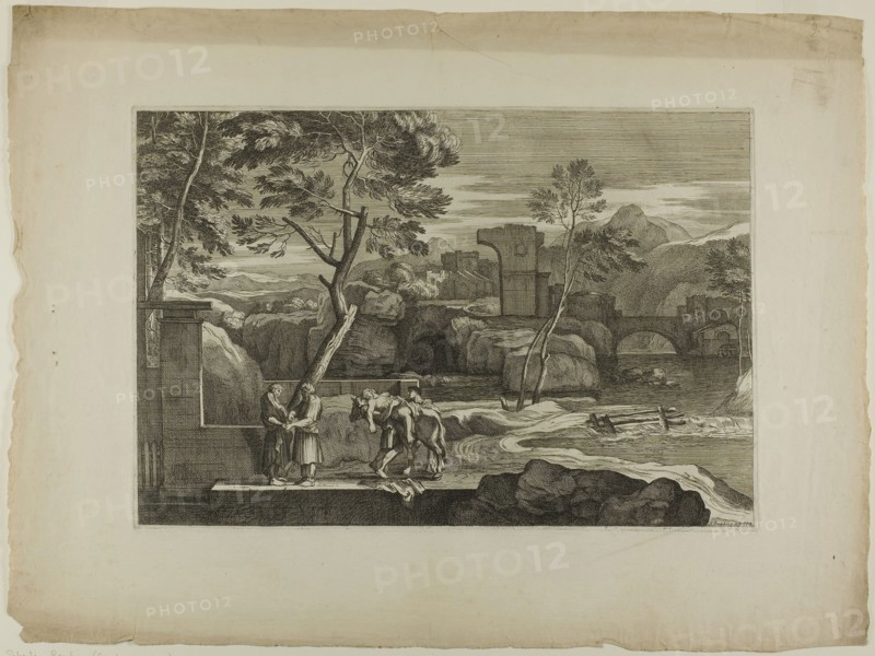 The Good Samaritan Takes the Wounded Man from his Donkey, 17th century, Sébastien Bourdon, French, 1616-1671, France, Etching on ivory laid paper, 293 × 432 mm (plate), 431 × 594 mm (sheet)