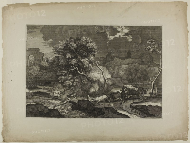 Cart Drawn by Two Pairs of Oxen in a Storm, 17th century, Sébastien Bourdon, French, 1616-1671, France, Etching on ivory laid paper, 300 × 440 mm (plate), 445 × 593 mm (sheet)