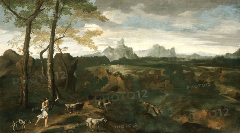 Landscape with a Herdsman and Goats, c. 1635, Gaspard Dughet, French, 1615-1675, France, Oil on canvas, 26 3/4 × 47 7/16 in. (68 × 120.4 cm)