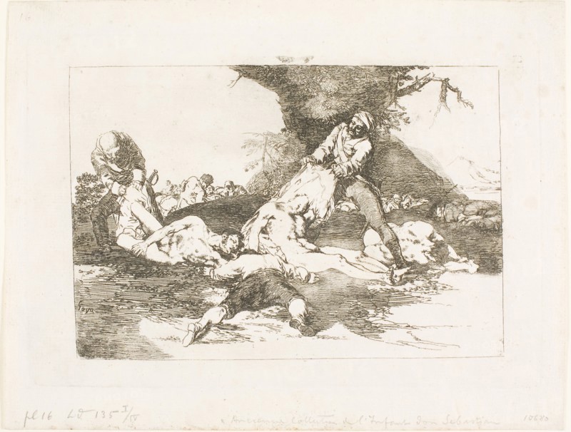 They Make Use of Them, plate 16 from The Disasters of War, 1810/12, published 1863, Francisco José de Goya y Lucientes, Spanish, 1746-1828, Spain, Etching, lavis, drypoint, burin, and burnishing on ivory laid paper, 131 x 192 mm (image), 159 x 230 mm (plate), 193 x 250 mm (sheet)