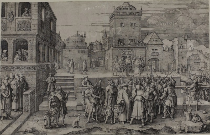 The Large Ecce Homo, 1510, Lucas van Leyden, Netherlandish, c. 1494-1533, Netherlands, Engraving in black on ivory laid paper, 283 x 446 mm (image/sheet trimmed within plate mark)