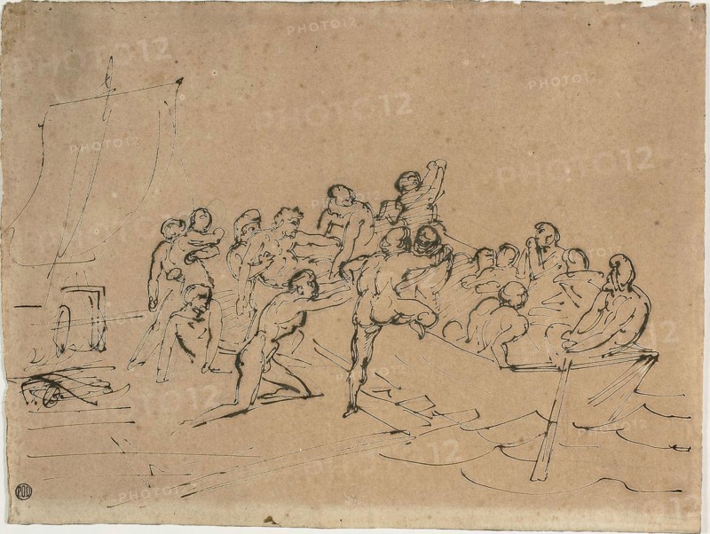 The Rescue of the Survivors of the Raft of the Medusa, c. 1818, Jean Louis André Théodore Géricault, French, 1791-1824, France, Pen and brown ink, over traces of graphite, on tan wove paper, 225 × 301 mm