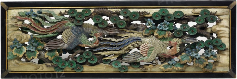 Two carved wooden transoms (ramma) panels from the Hooden, 1893, Takamura Koun, Japanese, 1852-1934, Japan, Wood with polychromy, 92.7 × 278.8 × 20.3 cm (36 1/2 × 109 3/4 × 8 in.) (each) (appro×imate)