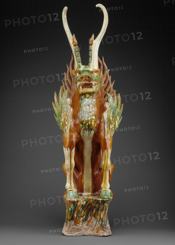 Feline-Headed Guardian Beast (Zhenmushou), Tang dynasty (618–907 A.D.), first half of 8th century, China, Earthenware with three-color (sancai) lead glazes and traces of pigments, Height: 39 5/8 in.