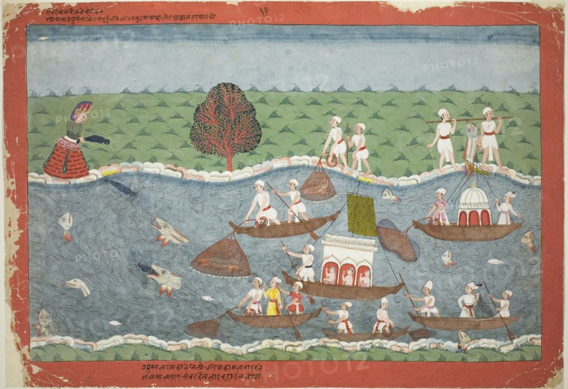 The Demon Sambar Throws the Infant Pradyumna into the River, page from a manuscript of the Bhagavata Purana, c. 1775, Nepal, Nepal, Opaque watercolor on paper, 29.2 x 25.4 cm (12 1/2 x 10 in.)