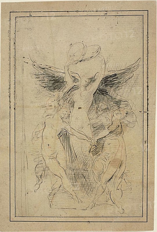 Five Dancing Female Figures, 1865, Jean Baptiste Carpeaux, French, 1827-1875, France, Black and red chalk on tan laid paper, laid down on tan wove paper, 204 × 128 mm