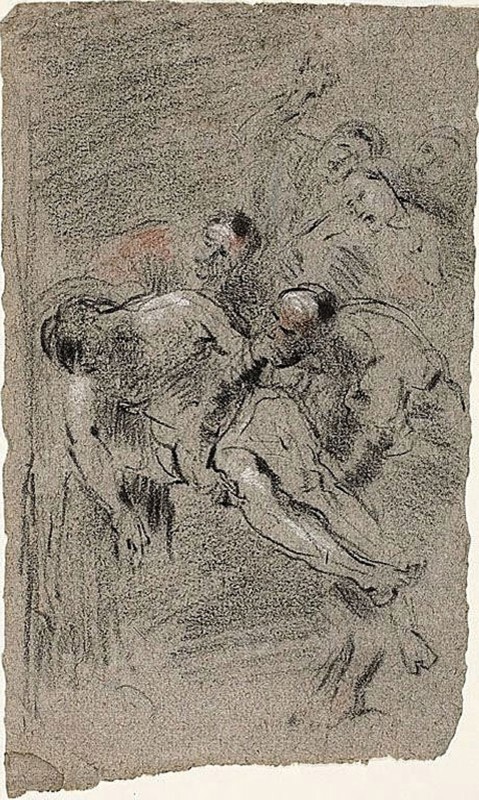 Deposition, 1863, Jean Baptiste Carpeaux (French, 1827-1875), after Dirck van Baburen (Netherlandish, c.1590-1624), France, Black, red and white chalk on gray laid paper, 224 × 135 mm