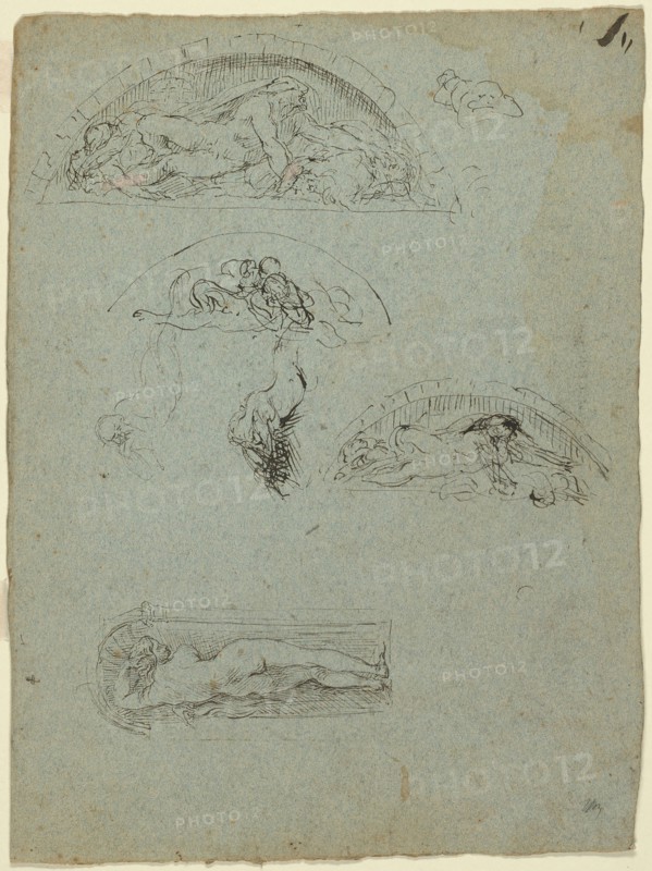 Standing Figure in a Niche and Studies for the Ugolino Group (recto), Red-Robed Prelate in a Crowd (verso), 1857/58, Jean Baptiste Carpeaux, French, 1827-1875, France, Pen and black ink, with touches of pink gouache (recto), and pen and black ink with brush and gray wash and red and white gouache (verso), on blue wove paper, 294 × 219 mm