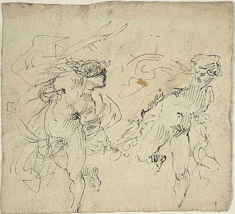 Two Running Male Figures, n.d., Jean Baptiste Carpeaux, French, 1827-1875, France, Pen and brown ink, over traces of graphite, on cream wove paper, 121 × 133 mm, Roosters and Blossoming Apricots, Qing dynasty (1644–1911), Ren Yi [Ren Bonian], Chinese, 1840-1895, China, Hanging scroll, ink and colors on paper, 135.0 × 66.0 cm (53 1/8 × 26 in.)