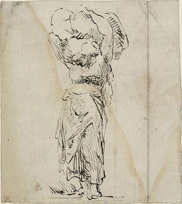Standing Female Figure Carrying a Large Bundle, n.d., Jean Baptiste Carpeaux, French, 1827-1875, France, Pen and brown ink on ivory wove paper, 126 × 114 mm