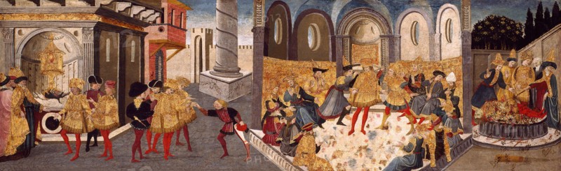 The Assassination and Funeral of Julius Caesar, 1455/60, Workshop of Apollonio di Giovanni and Marco del Buono Giamberti, Italian, 1415/17-1465 & 1403-1489, Italy, Tempera on panel, now transferred to canvas mounted on pressed hardboard and cradled, 39.5 x 126.7 cm (15 1/2 x 49 7/8 in.)