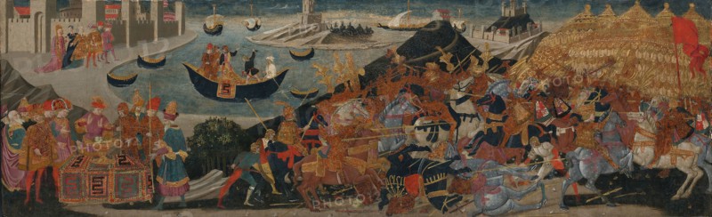 The Battle of Pharsalus and the Death of Pompey, 1455/60, Workshop of Apollonio di Giovanni and Marco del Buono Giamberti, Italian, 1415/17-1465 & 1403-1489, Italy, Tempera on panel, 40.5 × 127.5 cm (16 × 50 1/4 in.)