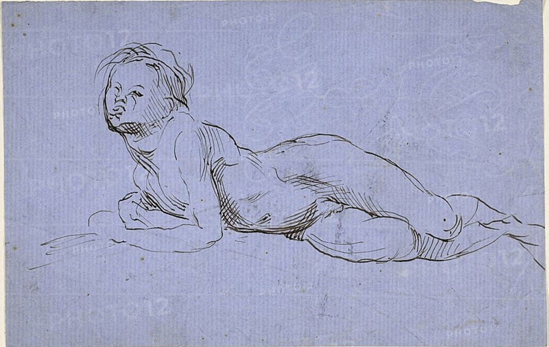 Young Boy Reclining, n.d., Jean Baptiste Carpeaux, French, 1827-1875, France, Pen and brown ink on blue laid paper, 135 × 210 mm