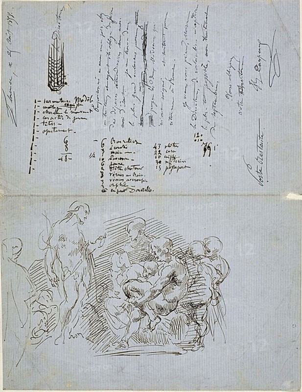 The Preaching of Saint John the Baptist, 1858, Jean Baptiste Carpeaux, French, 1827-1875, France, Pen and brown ink on blue laid paper, 268 × 205 mm