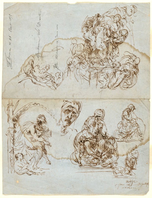 Unfinished Letter with Studies for the Ugolino Group, 1858, Jean Baptiste Carpeaux, French, 1827-1875, France, Pen and brown ink on blue laid paper, 268 × 205 mm