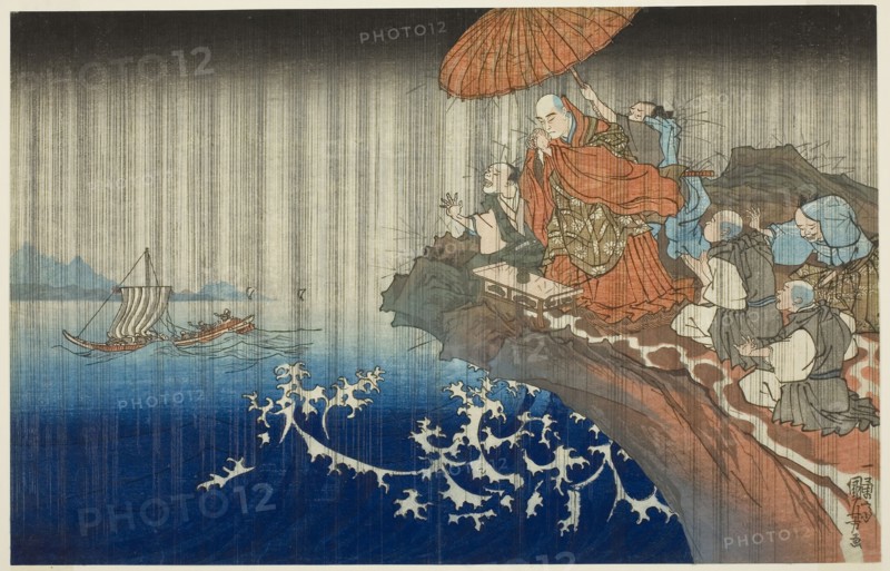 Praying for Rain at Ryozengasaki in Kamakura, 1271 (Bun’ei hachi Kamakura Ryozengasaki ame inoru), from the series Concise Illustrated Biography of the Great Priest [Nichiren] (Koso go ichidai ryakuzu), c. 1830/35, Utagawa Kuniyoshi, Japanese, 1797-1861, Japan, Color woodblock print, oban, 21.7 x 34.1 cm (8 9/16 x 13 7/16 in.)