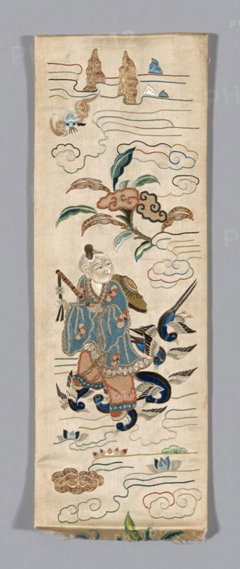 Sleeve band, Qing dynasty (1644–1911), 19th century, Han-Chinese, China, Couched and embroidered sleeve-bands from a robe, cut and framed as a three-panel folding desk screen. Two lower halves joined to form central frame, top halves form panels at either side. Figures and auspicious symbols in colors and gold on ivory silk grou nd., 30.1 × 14.9 cm (11 7/8 × 5 7/8 in.)