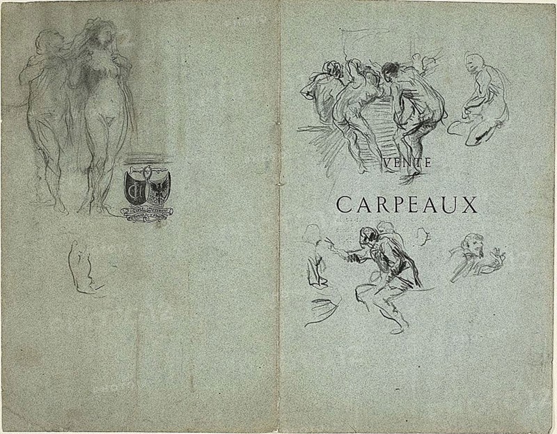 Sketch of Nude Woman Having Her Hair Groomed and Groups of Figures (recto), Sketches of Riding Figure and Nude Figures (verso), 1847/75, Jean Baptiste Carpeaux, French, 1827-1875, France, Black crayon (recto and verso) on blue wove paper, 267 × 345 mm