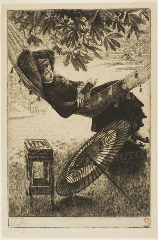 The Hammock, 1880, James Tissot, French, 1836-1902, France, Etching and drypoint on cream laid paper, 279 × 183 mm (image/plate), 300 × 199 mm (sheet)