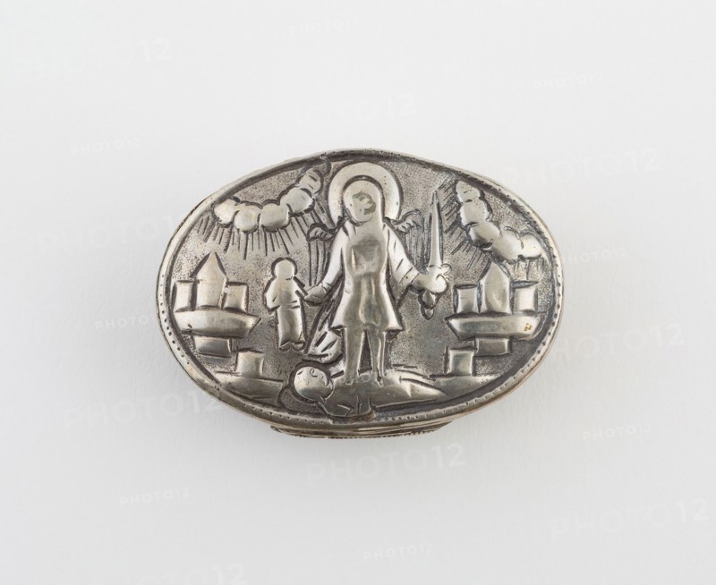 Snuffbox with Scene of St. Michael Triumphing Over the Devil, early 18th century, Continental Europe, Europe, Silver-plated brass, 5.1 × 3.2 cm (2 × 1 1/4 in.)