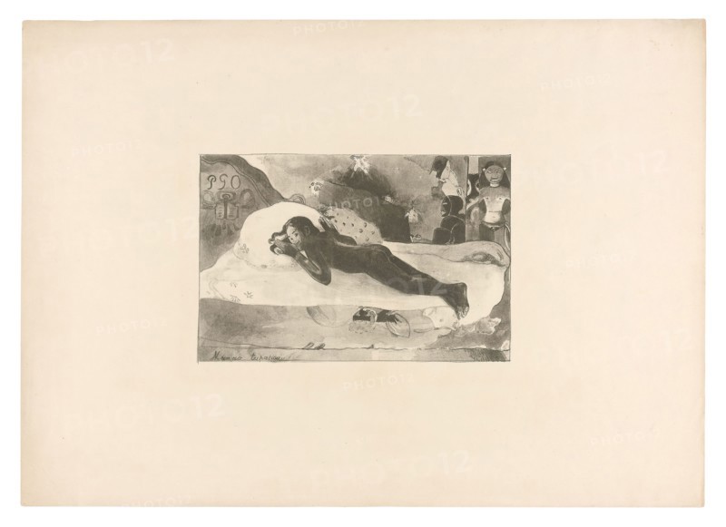 Manao tupapau (She Thinks of the Ghost or The Ghost Thinks of Her), from L’estampe originale, 1893–94, Paul Gauguin, French, 1848-1903, France, Lithograph in black on ivory wove paper, 180 × 271 mm (image), 423 × 594 mm (sheet)