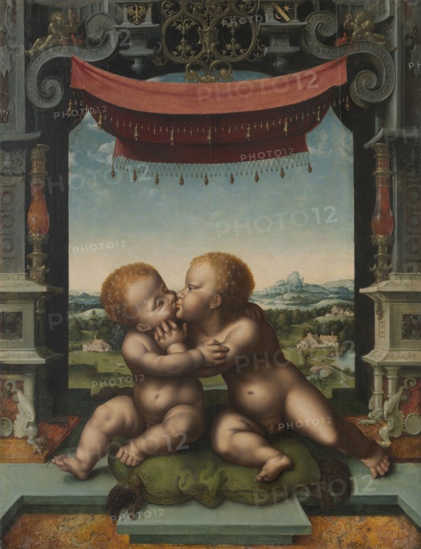 The Infants Christ and Saint John the Baptist Embracing, 1520/25, Joos van Cleve and Workshop, Netherlandish, Active by 1507–1540/41, Holland, Oil on panel, 29 7/16 × 22 11/16 in. (74.7 × 57.6 cm)