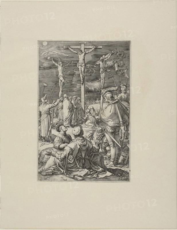 Christ on the Cross, plate ten from the Passion of Christ, 1596/98, Hendrick Goltzius, Dutch, 1558-1617, Netherlands, Engraving in black on cream laid paper, 195 x 127 mm (image), 198 x 131 mm (plate), 318 x 248 mm (sheet)
