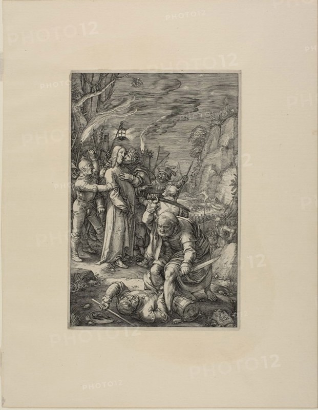 The Betrayal of Christ, plate three from The Passion of Christ, 1598, Hendrick Goltzius, Dutch, 1558-1617, Netherlands, Engraving in black ink on cream paper, 197 x 130 mm (image), 202 x 135 mm (plate), 318 x 245 mm (sheet)