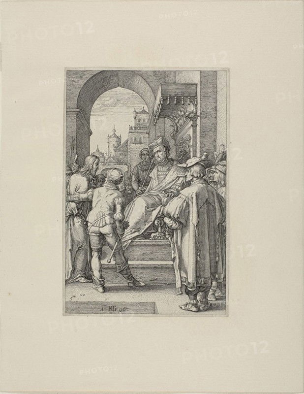 Christ Before Pilate, plate five from The Passion of Christ, 1596, Hendrick Goltzius, Dutch, 1558-1617, Netherlands, Engraving in black in on cream laid paper, 197 x 130 mm (image), 202 x 135 mm (plate), 318 x 247 mm (sheet)