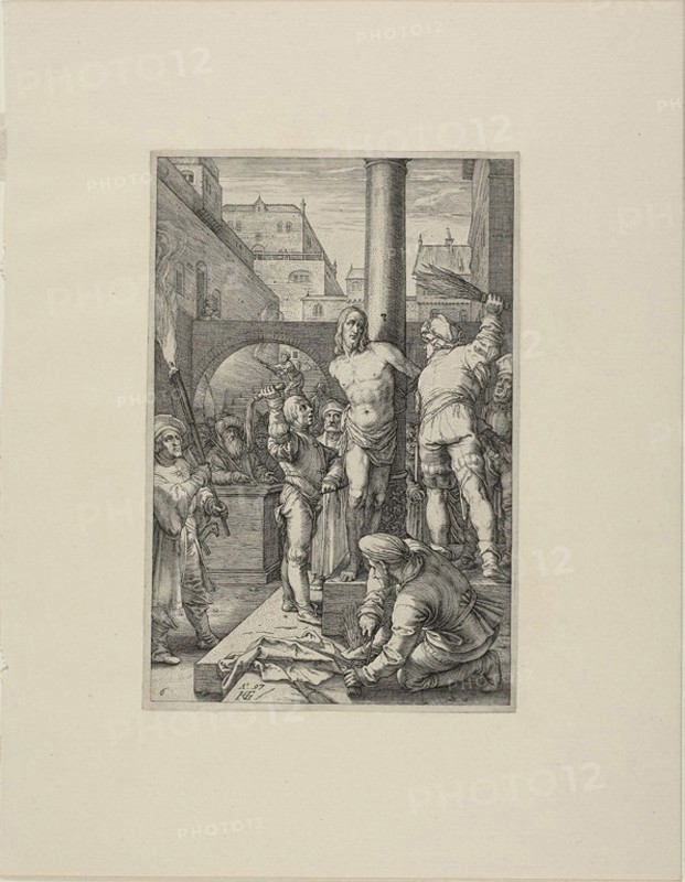 The Flagellation, plate six from The Passion of Christ, 1597, Hendrick Goltzius, Dutch, 1558-1617, Netherlands, Engraving in black on cream laid paper, 196 x 129 mm (image), 204 x 135 mm (plate), 318 x 247 mm (sheet)