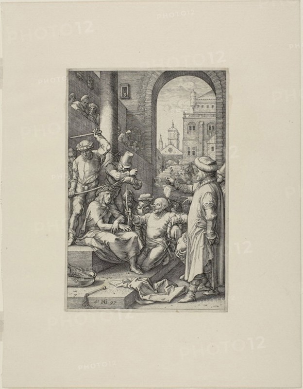 The Crowning with Thorns, plate seven from The Passion of Christ, 1597, Hendrick Goltzius, Dutch, 1558-1617, Netherlands, Engraving in black on cream laid paper, 196 x 130 mm (image), 201 x 135 mm (plate), 318 x 248 mm (sheet)