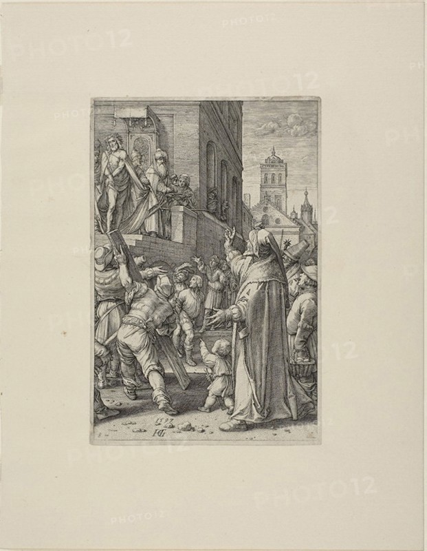 Ecce Homo, plate eight from The Passion of Christ, 1597, Hendrick Goltzius, Dutch, 1558-1617, Netherlands, Engraving in black on cream laid paper, 197 x 130 mm (image), 202 x 135 mm (plate), 316 x 247 mm (sheet)