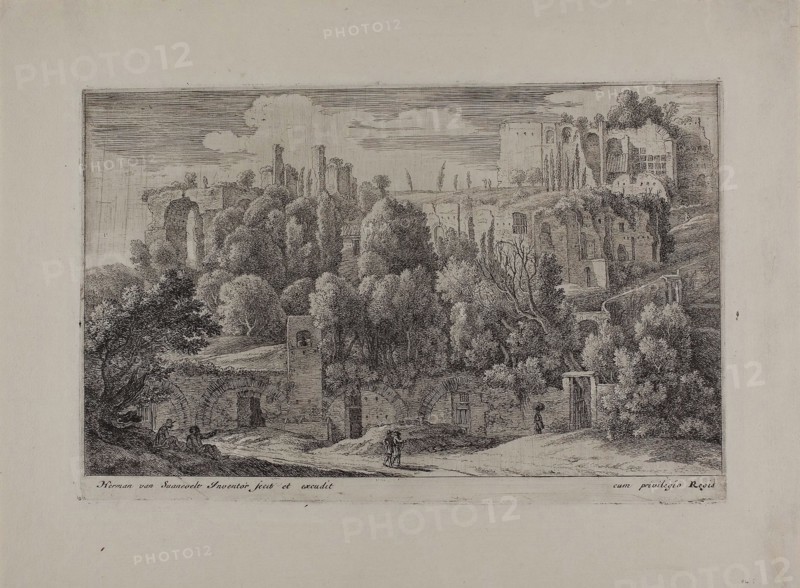 Antique Ruins of an Amphitheater, 1650–55, Herman van Swanevelt, Dutch, c. 1600-1655, Holland, Etching in black on ivory laid paper, 276 x 176 mm