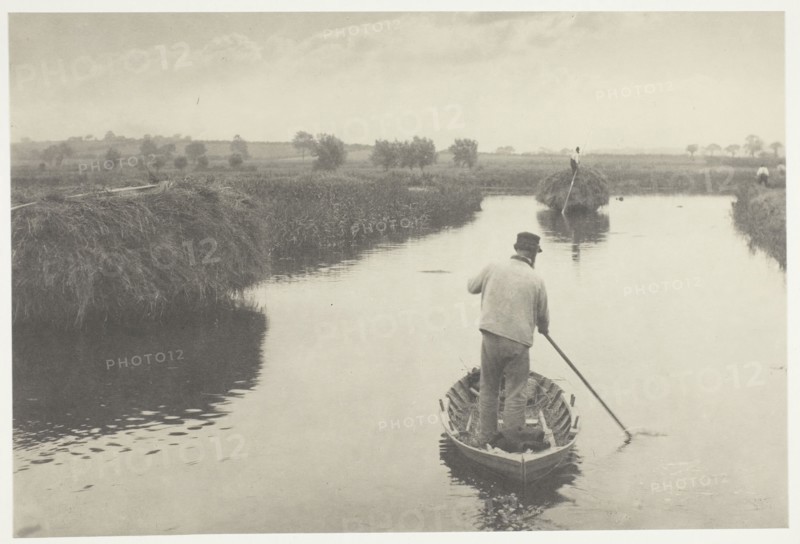 Quanting the Marsh Hay, 1886, Peter Henry Emerson, English, born Cuba, 1856–1936, England, Platinum print, pl. XVI from the album "Life and Landscape on the Norfolk Broads" (1886), edition of 200, 15.6 × 23.3 cm (image/paper), 28.6 × 41.1 cm (album page)