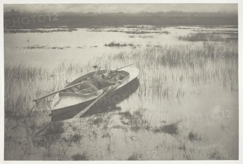 Gunner Working Up to Fowl, 1886, Peter Henry Emerson, English, born Cuba, 1856–1936, England, Platinum print, pl. XIX from the album "Life and Landscape on the Norfolk Broads" (1886), edition of 200, 18.9 × 28.3 cm (image/paper), 28.5 × 40.8 cm (album page)