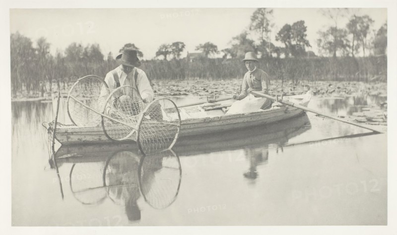 Setting the Bow-Net, 1886, Peter Henry Emerson, English, born Cuba, 1856–1936, England, Platinum print, pl. II from the album "Life and Landscape on the Norfolk Broads" (1886), edition of 200, 16.7 × 28.8 cm (image/paper), 28.5 × 40.6 cm (album page)