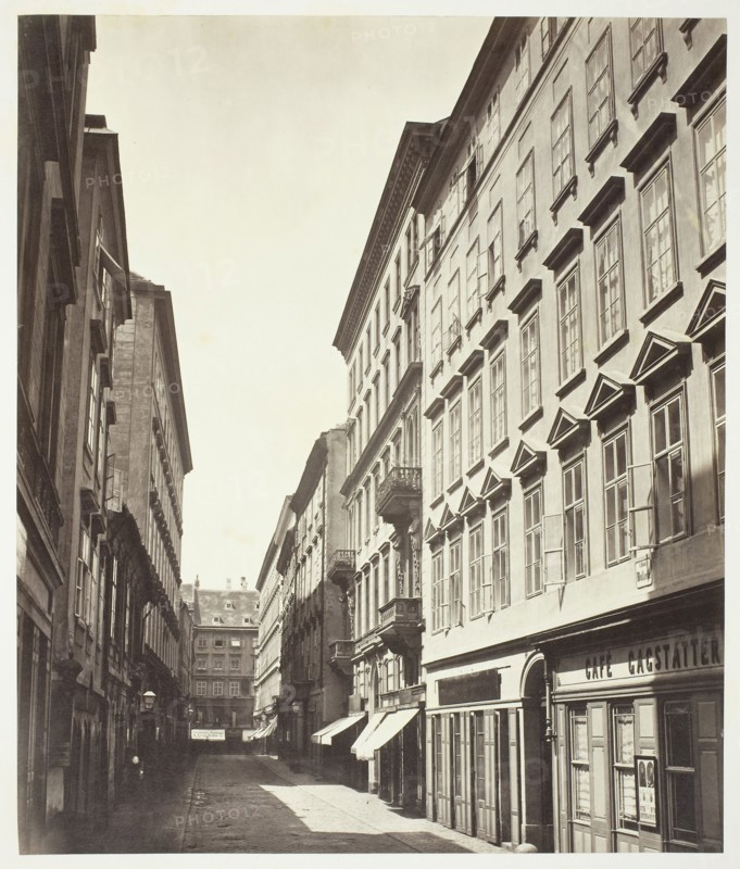 Wollzeile No. 9, Wohnhaus des Grafen Friedrich Fünfkirchen, 1860s, Austrian, 19th century, Austria, Albumen print, 30.8 × 25.9 cm (image/paper), 61.2 × 42.7 cm (album page)