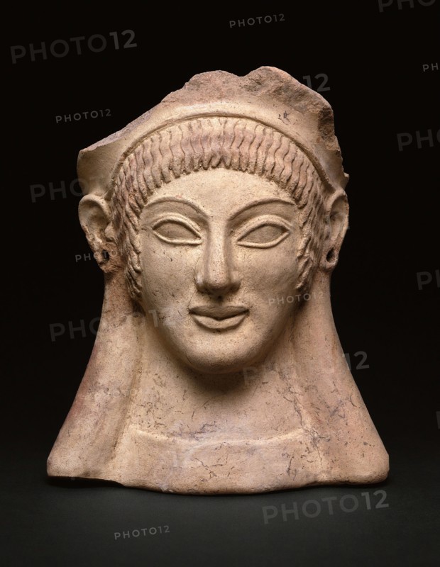 Votive (Gift) in the Shape of a Woman’s Head, about 500 BC, Etruscan, possibly Veii, Veii, terracotta, pigment, 26.5 × 22 × 18 cm (10 1/2 × 8 1/2 × 7 1/4 in.)