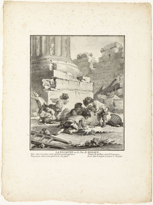 The Dimple, or The Game of Stones, from The Games of the Urchins of Paris, 1770, Jean-Baptiste Tilliard (French, 1740–1813), after Augustin de Saint-Aubin (French, 1736-1807), France, Etching on ivory laid paper, 226 × 175 mm (plate), 352 × 263 mm (sheet)