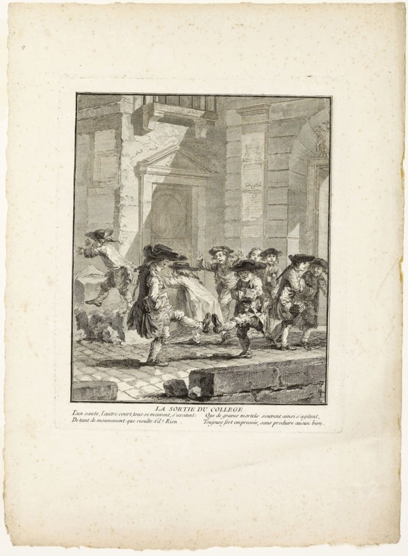 Release from College, from The Games of the Urchins of Paris, 1770, Jean-Baptiste Tilliard (French, 1740–1813), after Augustin de Saint-Aubin (French, 1736-1807), France, Etching on ivory laid paper, 229 × 188 mm (plate), 356 × 259 mm (sheet)