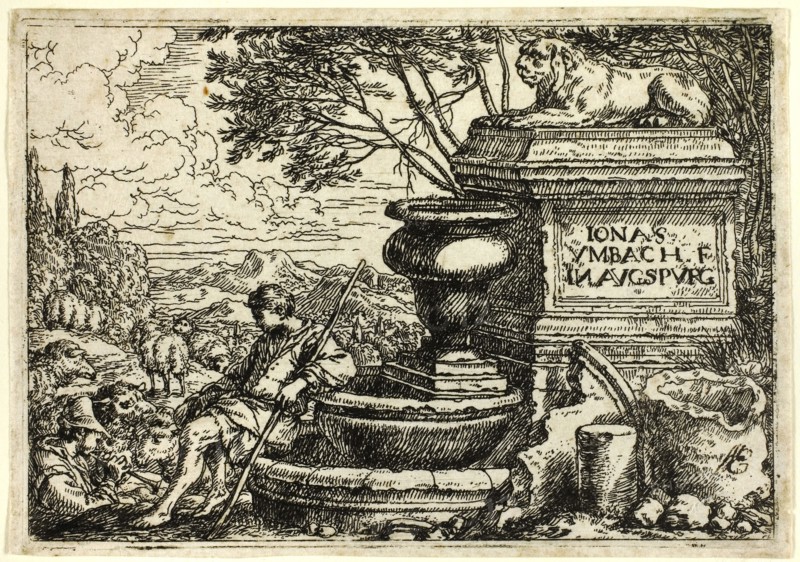 Italian Landscape with Ruins, n.d., Jonas Umbach the Elder, German, 1624-1693, Germany, Etching in black on ivory laid paper, 76 x 110 mm (image/plate), 80 x 114 mm (sheet)