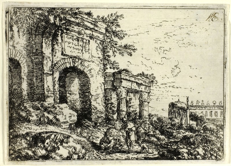 Italian Landscape with Ruins, n.d., Jonas Umbach the Elder, German, 1624-1693, Germany, Etching in black on ivory laid paper, 76 x 110 mm (image/plate), 780 x 115 mm (sheet)