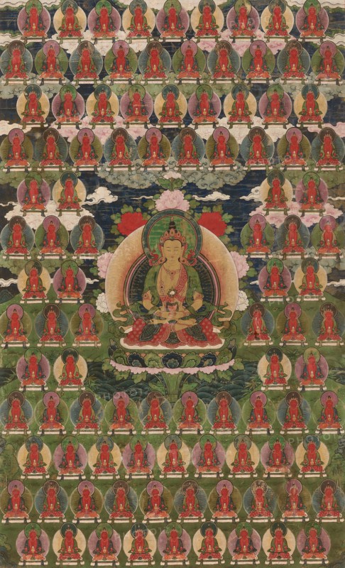 Painted Banner (Thangka) of Amitayus Buddha Surrounded by One Hundred Buddhas, 19th century, Tibet, Tibet, Pigment on cloth, Image: 86.6 x 53.5 cm, Cloth: 89.8 x 56.5cm