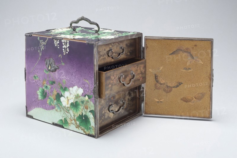 Kodansu Small Chest, early 20th century, Japanese, Japan, Enamel on silver, lacquer, and engraved silver, 16 × 14 × 17.7 cm (6 1/4 × 5 1/2 × 7 in.)