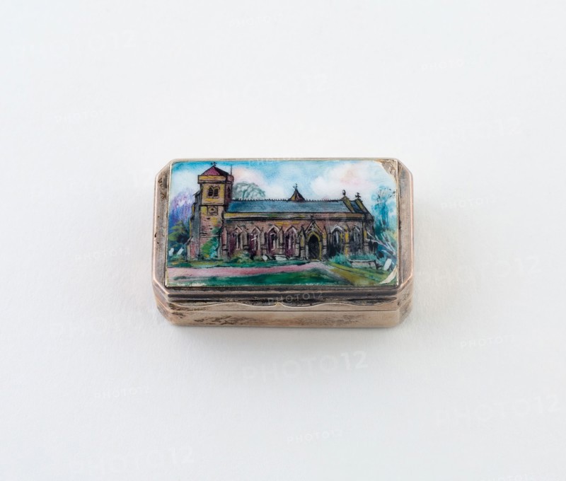 Vinaigrette with View of a Church, c. 1890, Possibly England, England, Silver, silver gilt, and enamel, 3.5 × 2.5 cm (1 3/8 × 3/4 in.)