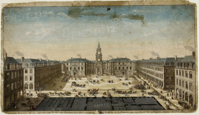 Elevation Perspective of l’Hôtel de Ville, Rennes, n.d., Philippe-Nicolas Milcent, French, active c. 1735, France, Hand-colored engraving on paper, 333 × 581 mm