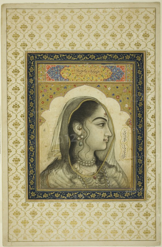 Portrait of a Beauty, 17th century, India, India, Opaque watercolor and gold on paper, Image: 22.4 x 16.6 cm (8 13/16 x 6 1/2 in.), Outermost Border: 41.8 x 26.7 (16 3/8 x 10 1/2 in.), Paper: 44 x 28.6 cm (17 3/8 x 11 1/4 in.)