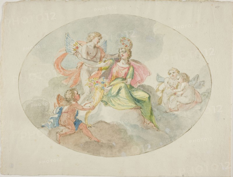 Allegory of Abundance (Sketch for a Ceiling Painting), n.d., Attributed to Domenico Pozzi, Italian, 1744-1796, Italy, Pen and brown ink, with brush and watercolor, over black chalk on ivory laid paper, 233 x 304 mm
