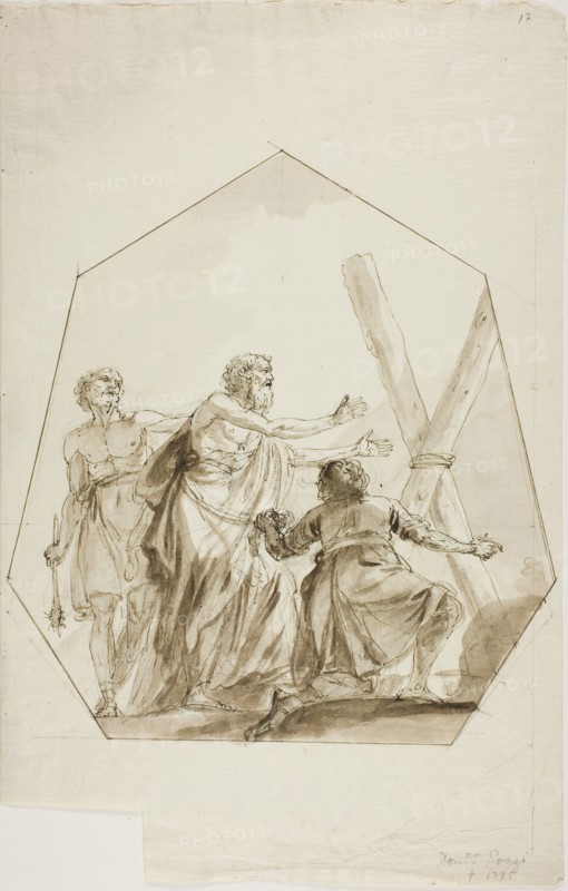 Crucifixion of Saint Andrew, n.d., Attributed to Domenico Pozzi, Italian, 1744-1796, Italy, Pen and brown ink, with brush and brown wash, over black chalk on ivory laid paper (lower left corner cut out), 415 x 265 mm